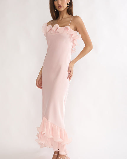 Pink Low Back Ruffle Trim Maxi Dress