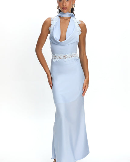 Blue Applique Trim Halter Maxi Dress