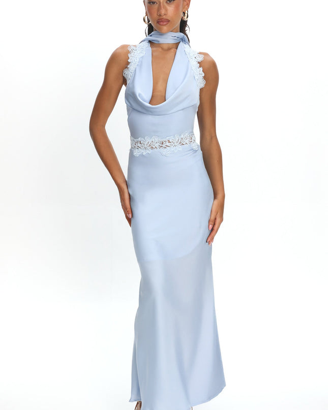 Blue Applique Trim Halter Maxi Dress