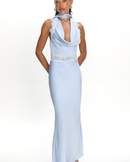 Blue Applique Trim Halter Maxi Dress