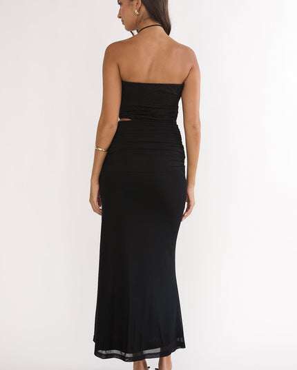 Black Cut-Out Waist Ruched Maxi Dress