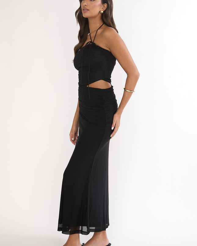 Black Cut-Out Waist Ruched Maxi Dress