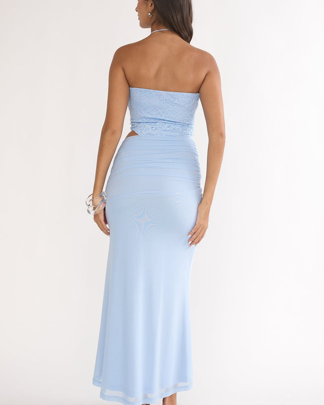 Blue Cut-Out Waist Ruched Maxi Dress