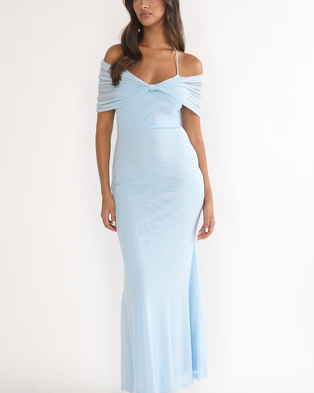 Blue Off-Shoulder Halterneck Maxi Dress