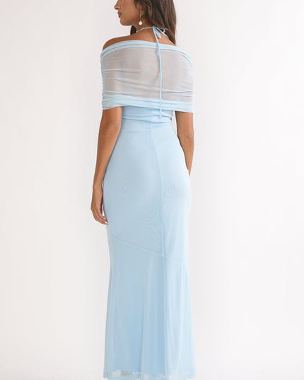 Blue Off-Shoulder Halterneck Maxi Dress