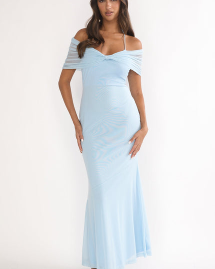 Blue Off-Shoulder Halterneck Maxi Dress