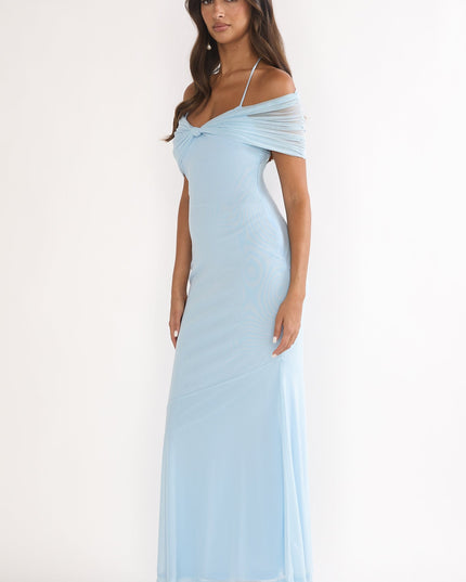 Blue Off-Shoulder Halterneck Maxi Dress