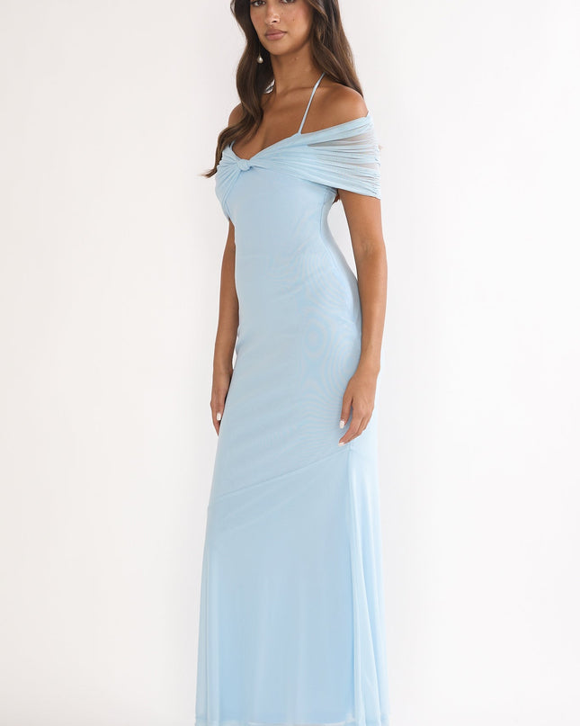 Blue Off-Shoulder Halterneck Maxi Dress