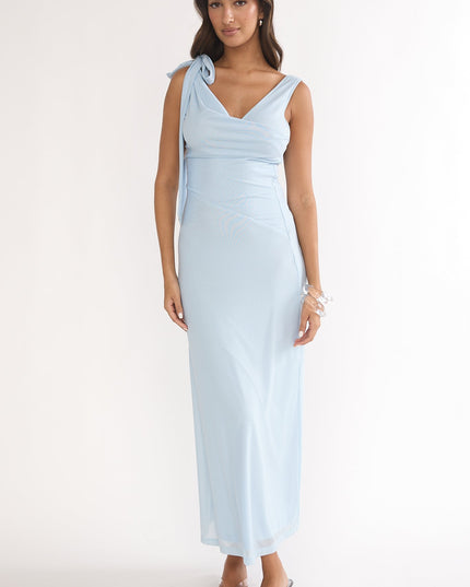 Blue Tie Shoulder Mesh Maxi Dress