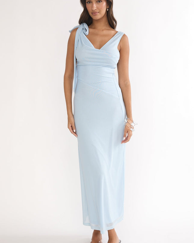 Blue Tie Shoulder Mesh Maxi Dress