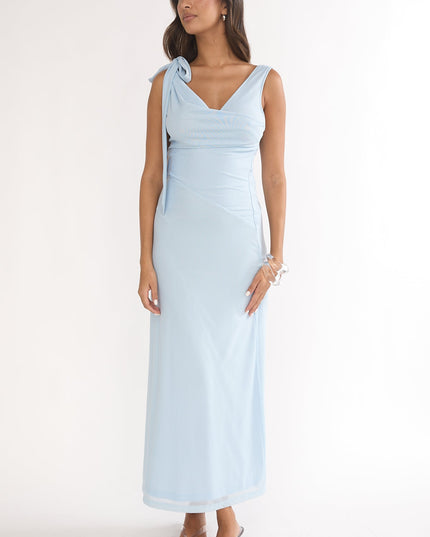 Blue Tie Shoulder Mesh Maxi Dress