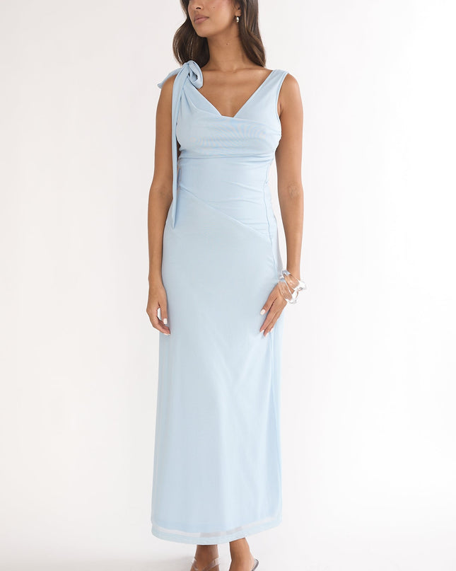 Blue Tie Shoulder Mesh Maxi Dress