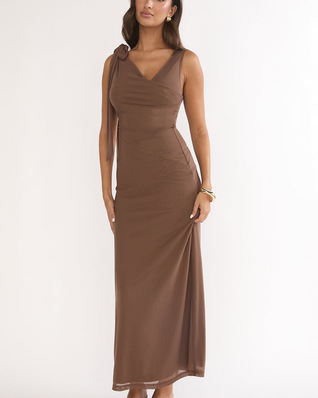 Chocolate Tie Shoulder Mesh Maxi Dress