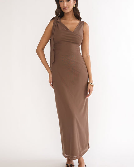 Chocolate Tie Shoulder Mesh Maxi Dress