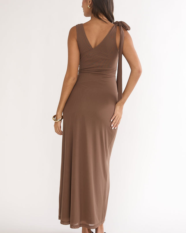 Chocolate Tie Shoulder Mesh Maxi Dress