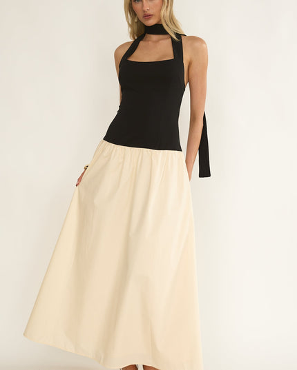 Black/Cream Drop Waist Halter Maxi Dress