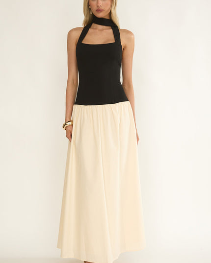 Black/Cream Drop Waist Halter Maxi Dress