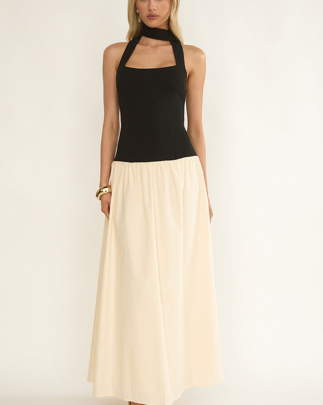 Black/Cream Drop Waist Halter Maxi Dress