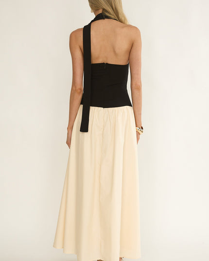 Black/Cream Drop Waist Halter Maxi Dress