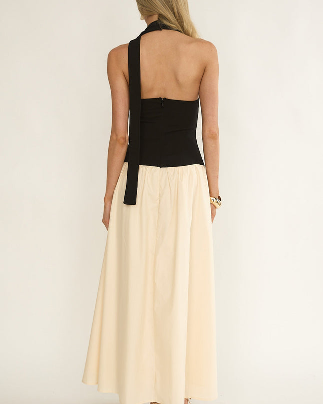 Black/Cream Drop Waist Halter Maxi Dress