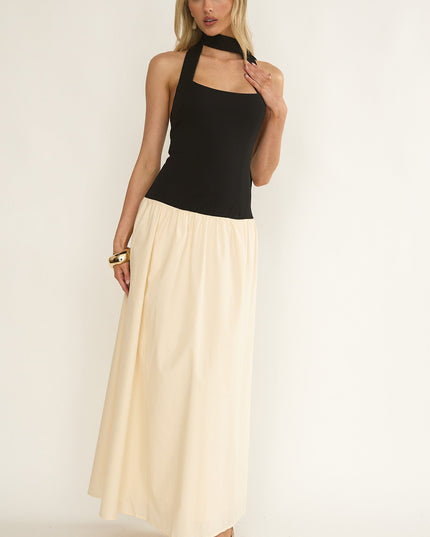 Black/Cream Drop Waist Halter Maxi Dress