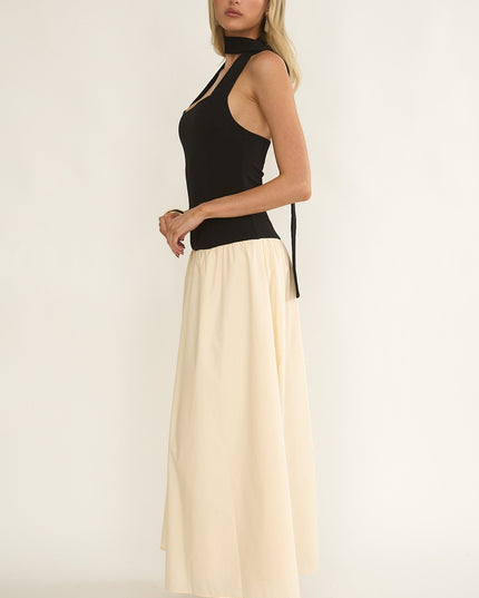 Black/Cream Drop Waist Halter Maxi Dress