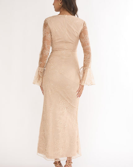 Beige Flared Cuff Maxi Dress Lace