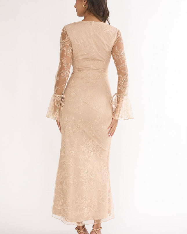 Beige Flared Cuff Maxi Dress Lace