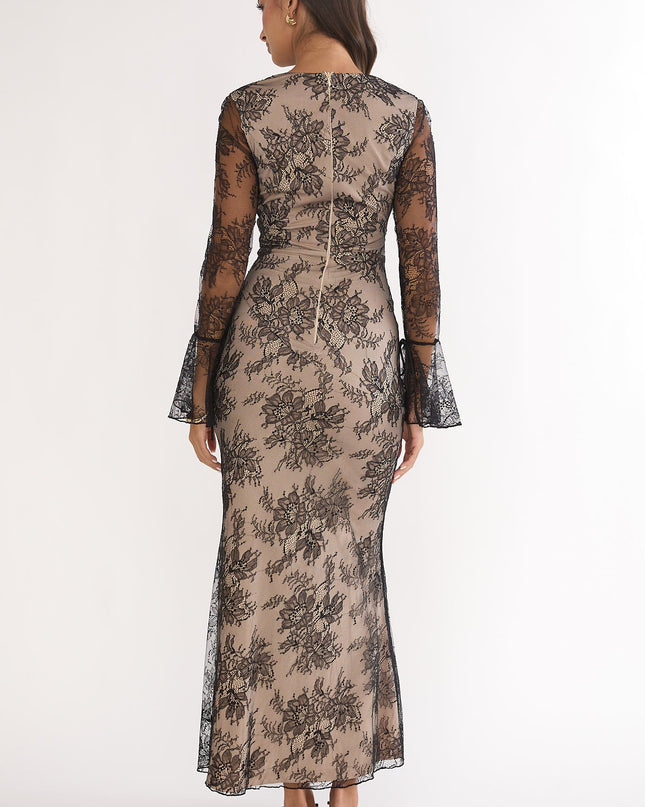 Black Flared Cuff Maxi Dress Lace
