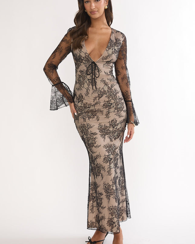 Black Flared Cuff Maxi Dress Lace