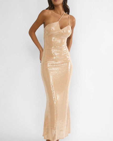 Latte One-Shoulder Sequin Maxi Dress