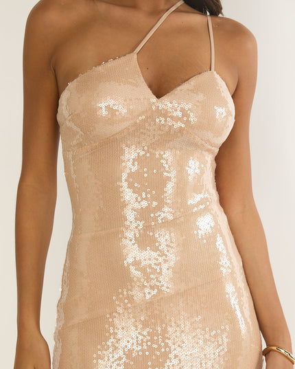 Latte One-Shoulder Sequin Maxi Dress