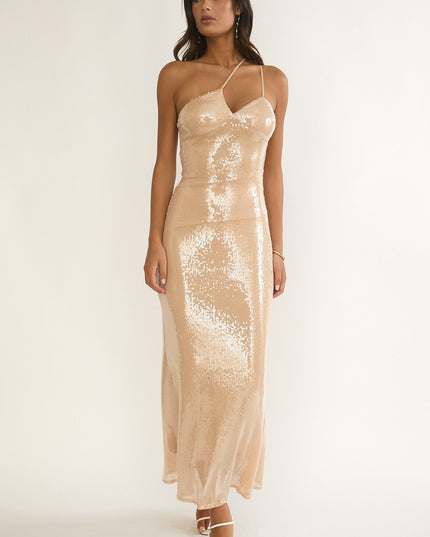 Latte One-Shoulder Sequin Maxi Dress