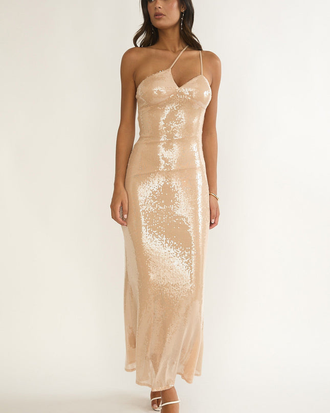 Latte One-Shoulder Sequin Maxi Dress