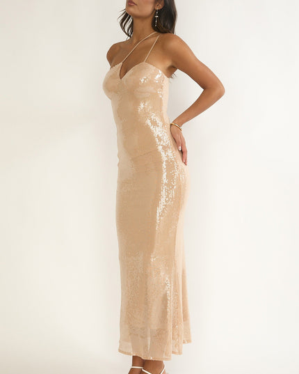 Latte One-Shoulder Sequin Maxi Dress