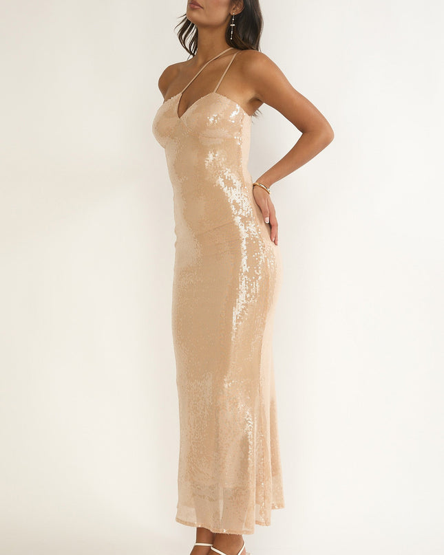 Latte One-Shoulder Sequin Maxi Dress