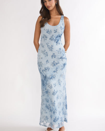 Blue Mesh Maxi Dress Floral