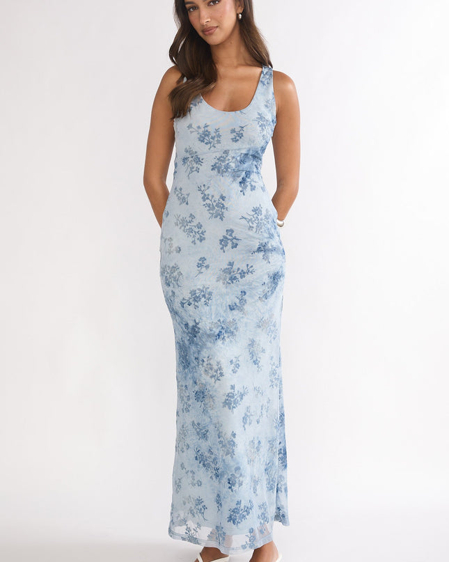 Blue Mesh Maxi Dress Floral