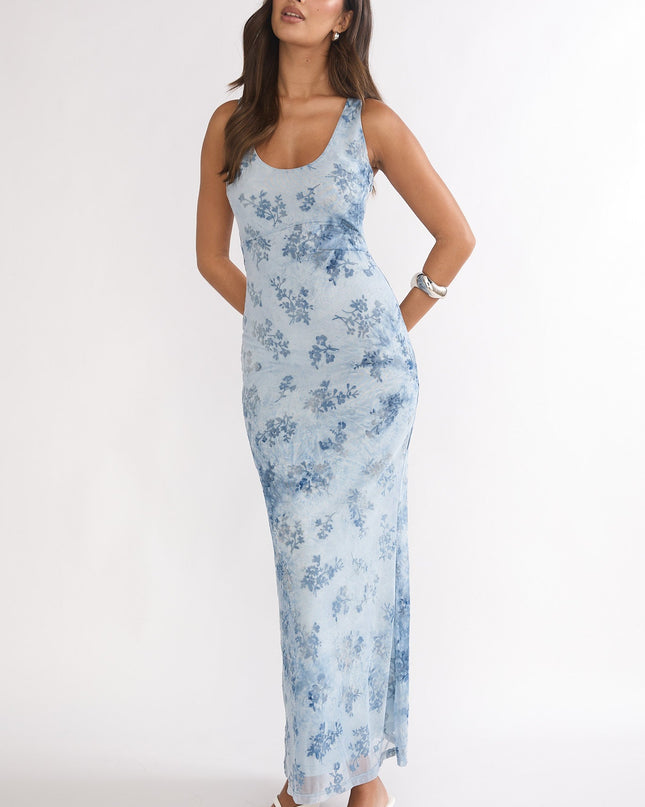 Blue Mesh Maxi Dress Floral