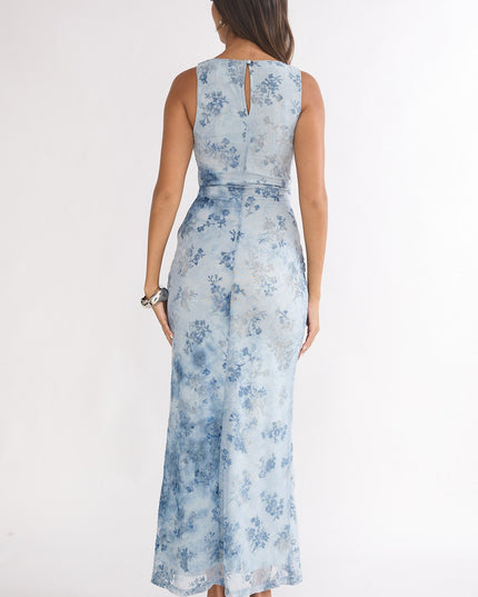 Blue Mesh Maxi Dress Floral