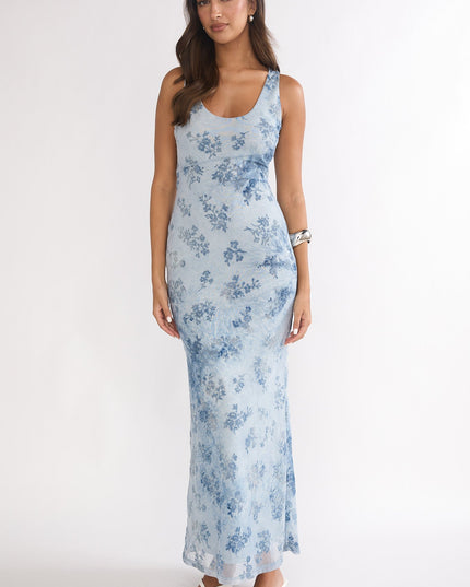 Blue Mesh Maxi Dress Floral