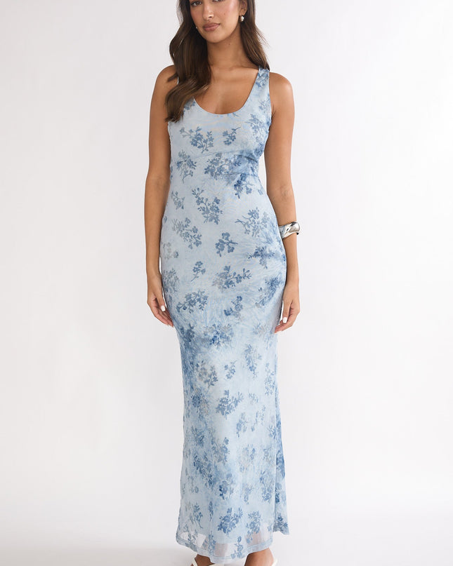 Blue Mesh Maxi Dress Floral