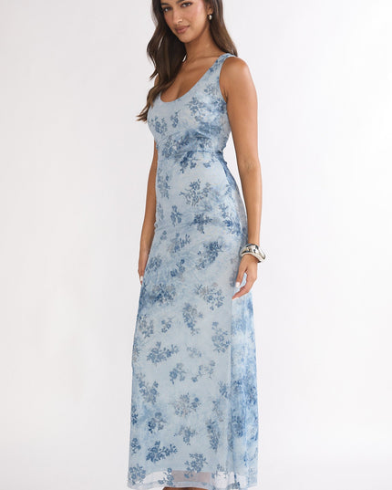 Blue Mesh Maxi Dress Floral