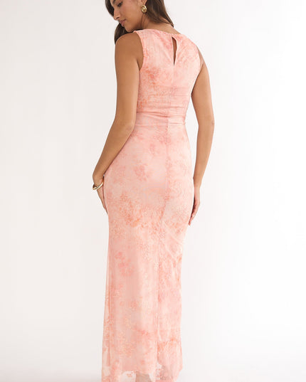 Pink Mesh Maxi Dress Floral