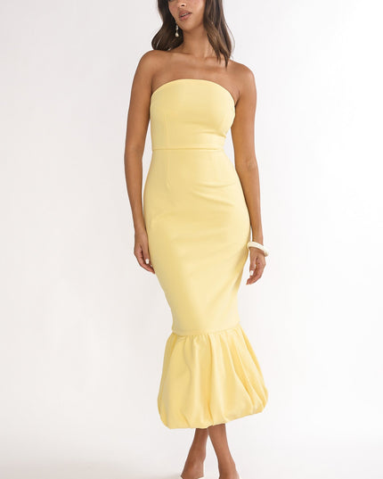 Lemon Bubble Hem Strapless Midi Dress