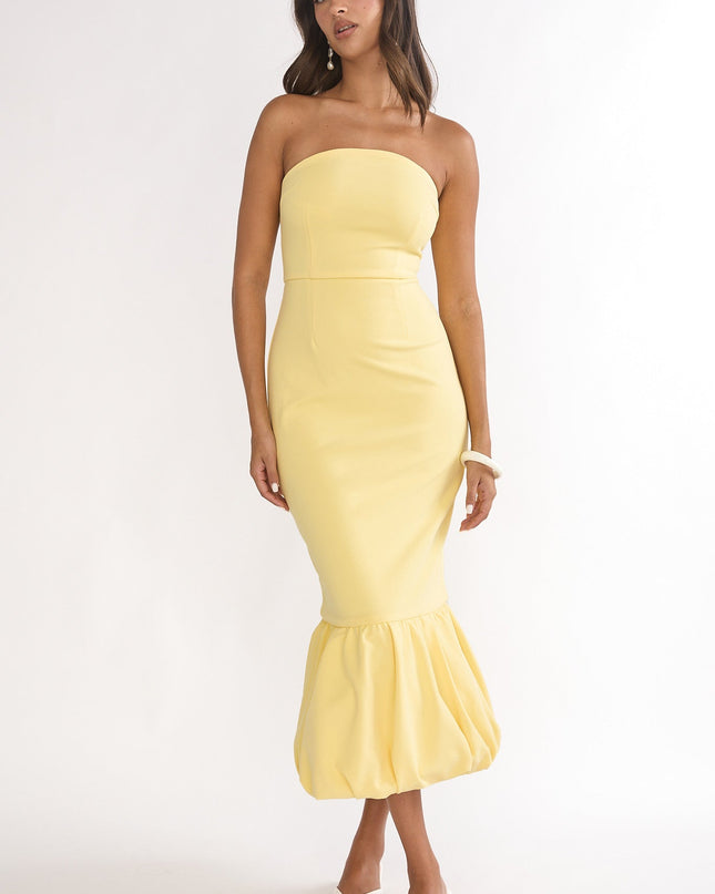 Lemon Bubble Hem Strapless Midi Dress