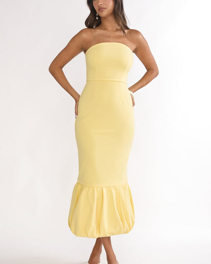 Lemon Bubble Hem Strapless Midi Dress