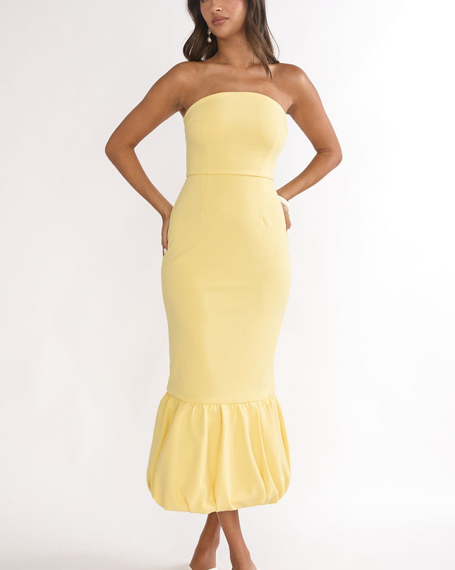 Lemon Bubble Hem Strapless Midi Dress