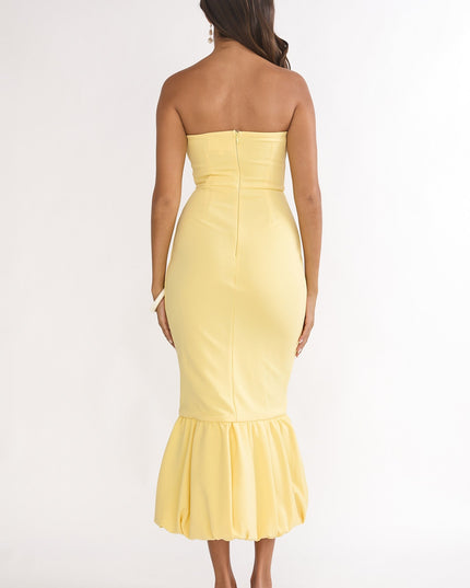Lemon Bubble Hem Strapless Midi Dress