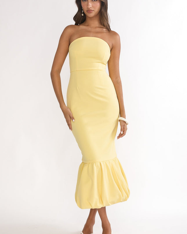 Lemon Bubble Hem Strapless Midi Dress